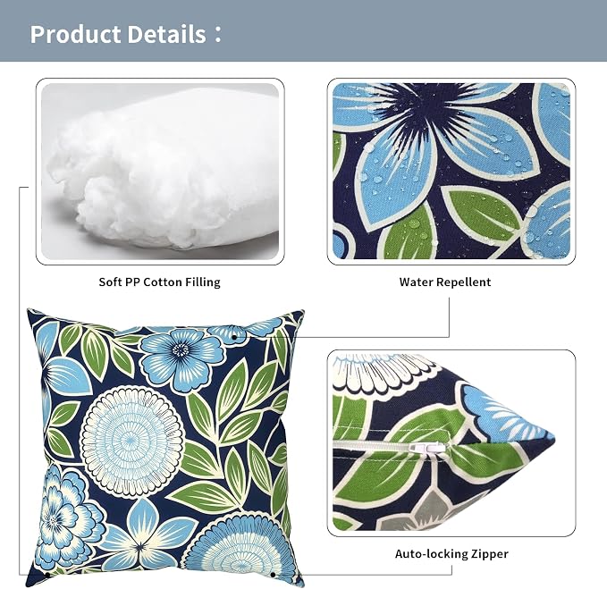Outdoor Pillows with Insert 18x18 Inch, Waterproof Throw Pillow for Patio Furniture, Decorative Back Cushion for Garden Home Sofa Office Chair, Set of 2, Azure Botanical Symphony