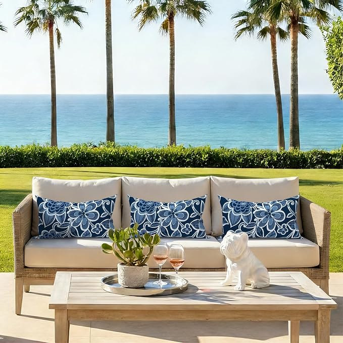 Pack of 2 Outdoor Lumbar Pillow Covers, All Weather Cushion Pillow Cases 12x20 Inch, Pillowcase for Patio Couch Decoration, Flower Navy