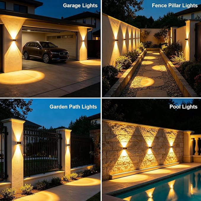 Solar Fence Lights Outdoor, IP65 Waterproof Wall Lighting with Dual Focused Brighter LED Up Down - 3000K/4000K/6000K Dusk to Dawn 12h for Backyard/Patio/Porch/Wall Decor（2 Pack）