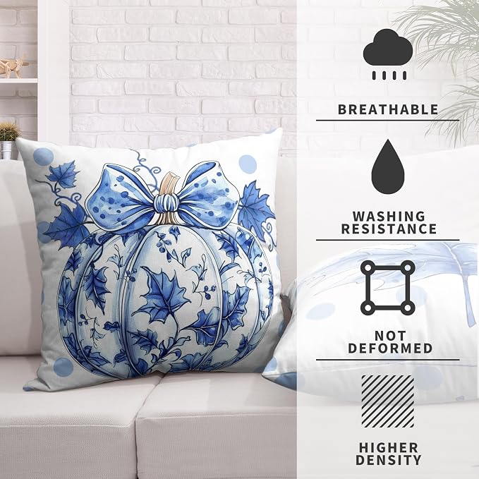 Fall Pillow Covers Blue and White Porcelain Maple Leaf Pumpkin Throw Pillow Covers 18x18 Set of 2 Autumn Blue Polka Dot Pillowcase Thanksgiving Cushion Case for Couch Sofa