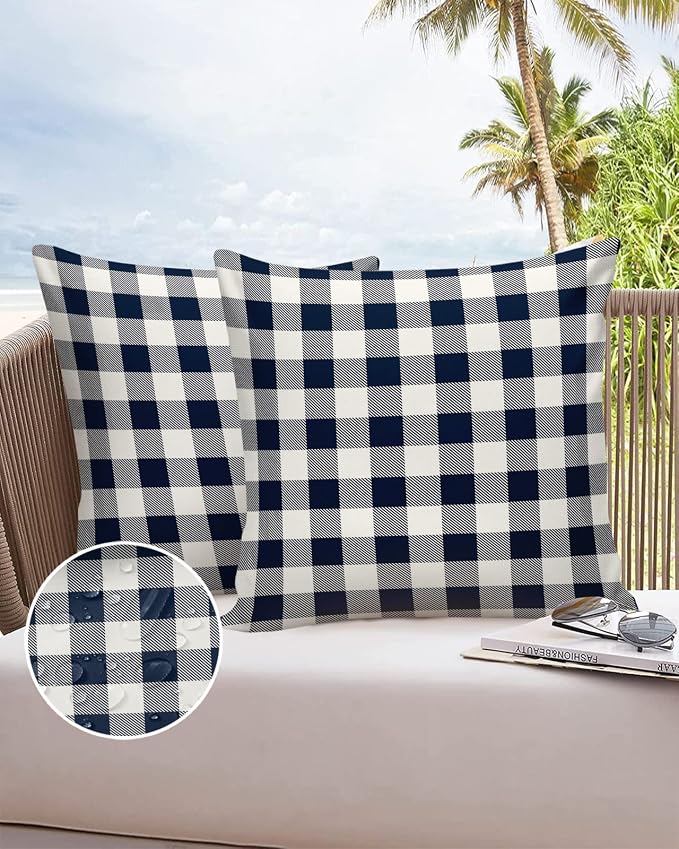 Outdoor Waterproof Throw Pillow Covers Set of 2 Buffalo Plaid Dark Blue Check Pillowcases 26x26 Inches Farmhouse Style Patio Decorative Pillows Cushion Case Patio Pillows for Couch Bed Chair Garden