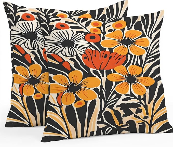 Orange Yellow Black Botanical Outdoor Pillow Covers 20x20 Inch Throw Pillow Covers Set of 2 Waterproof Decorative Pillow Cases Modernism Spring Floral Cushion Covers for Patio Furniture Garden Couch