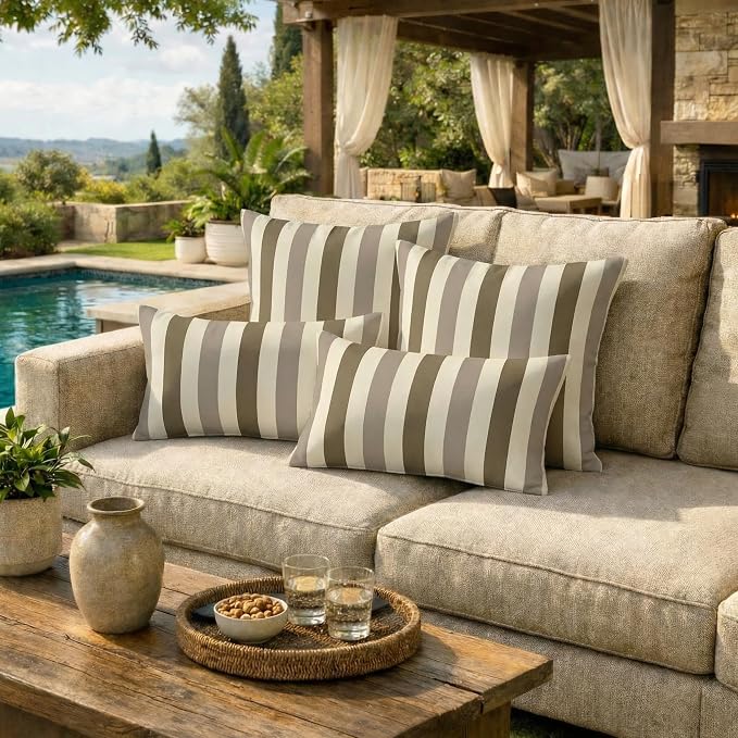 RSH DECOR: Sunbrella Lumbar & Square Pillows Set of 4 | 20" x 12" & 20" x 20" | Water and Fade-Resistant Fabric | Outdoor Throw Pillows for Patio Furniture | Made in USA (Portico Sparrow)
