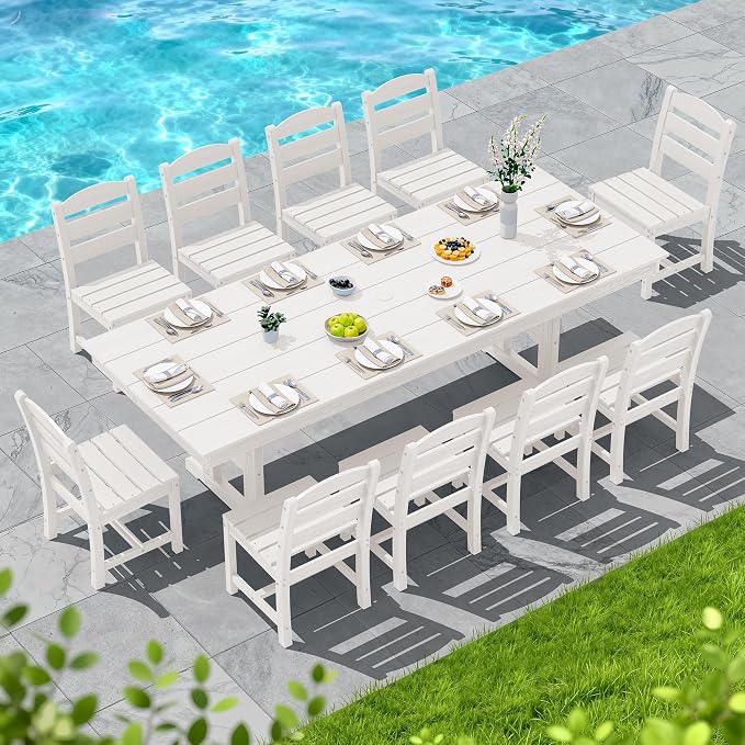 SERWALL Outdoor Armless Dining Chairs Set of 4, All-Weather HDPE Patio Chair with 19.7" Widened Seat, for Backyard, Garden, White