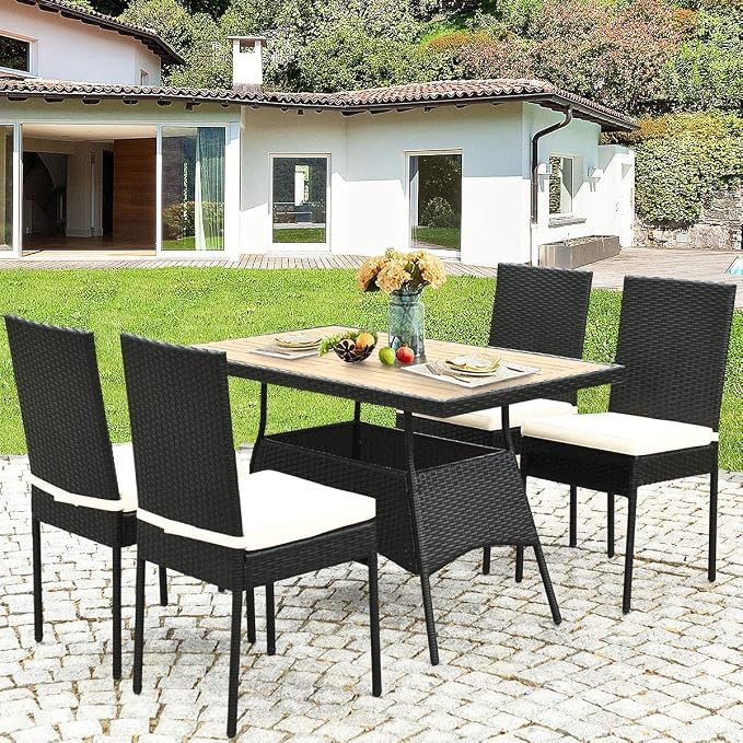 HAPPYGRILL 5-Pieces Patio Rattan Dining Set Outdoor Wicker Bistro Table Set with Acacia Wood Tabletop & Cushioned Chairs, Dining Furniture Set for Backyard Porch Dining Room Kitchen
