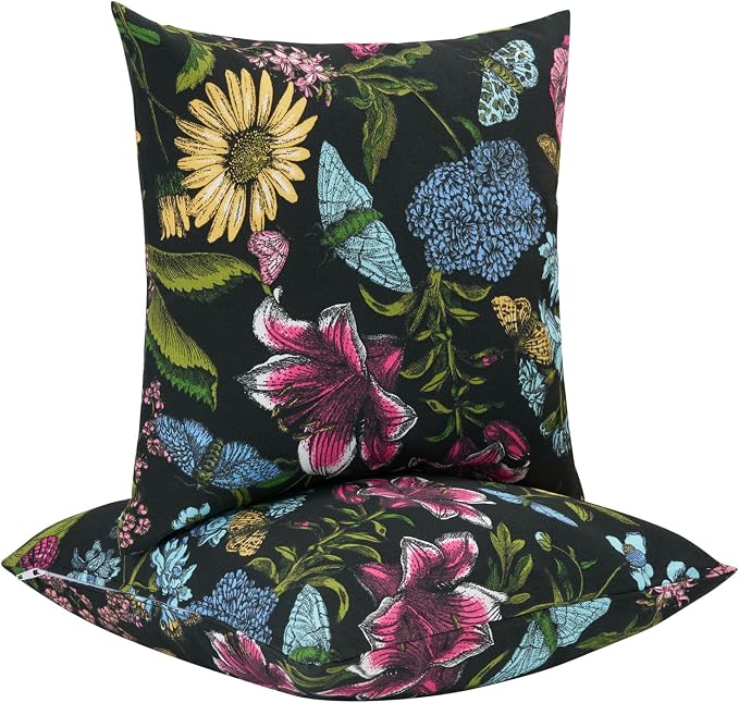 FUNHOME Outdoor Throw Pillows 18x18 inch,Decorative Throw Pillow with Insert Set of 2,Water Resistant Pillow for Patio Furniture Sofa Couch Chair(Butterfly Flower Black)