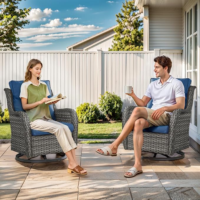 Outdoor Swivel Rocker Patio Chairs with 2 Ottomans - 5" Thick Cushion 4 Piece Furniture Set All Weather Comfortable Wicker Conversation Set for Porch Poolside and Deck - Gray/Blue