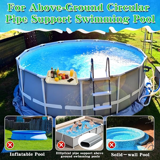 Poolside Table Above Ground Pool Side Bar, Foldable Side Bar with Drainer | Fits Above Ground Pool Circular Tube Accessories for Pool Party Poolside Patio Backyard Holds drinks & snacks Weatherproof