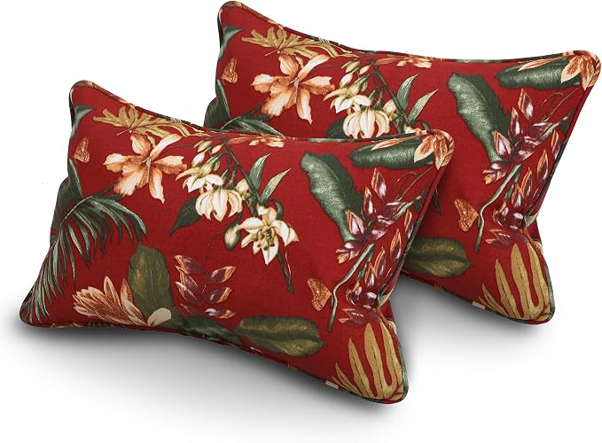 13 x 20 Inch Outdoor Lumbar Pillow with Insert Set of 2, Decorative Piping Edge Waterproof Fade Resistant Fluffy Throw Pillows for Patio Furniture Chair Bench Couch - Rust Red Floral