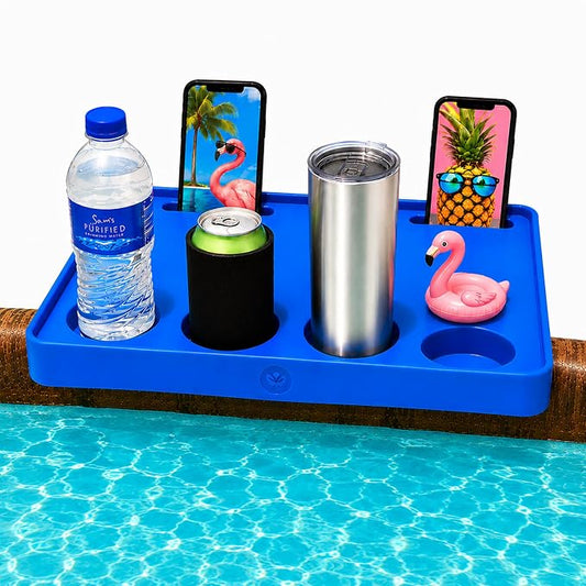 Adjustable Swimming Pool Table Serving Tray - Swim Pool Deck Patio Bar 4 Beverage Drink Cup Holders 2 Cell Phone Outdoor Portable Side UV Weather Resistant Above Ground Fountain