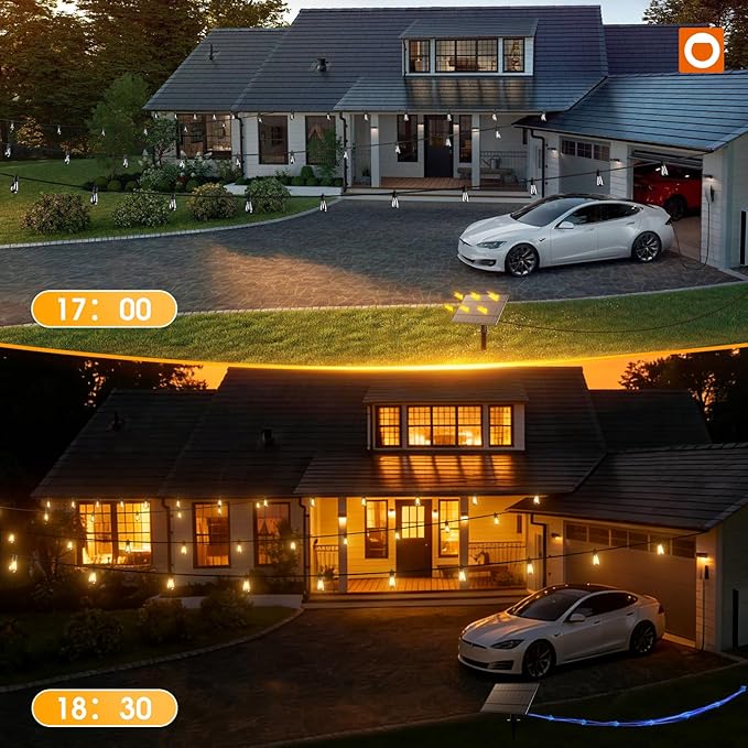 addlon 54FT(2FT) Solar String Lights Outdoor, with 24 Bulbs, Last 20+ Hrs | USB Charging, IP65 Waterproof. Dimmable Timer via Remote. Memory, 3 Modes, 2700K Warm White. Easy Install for Patio, Porch.