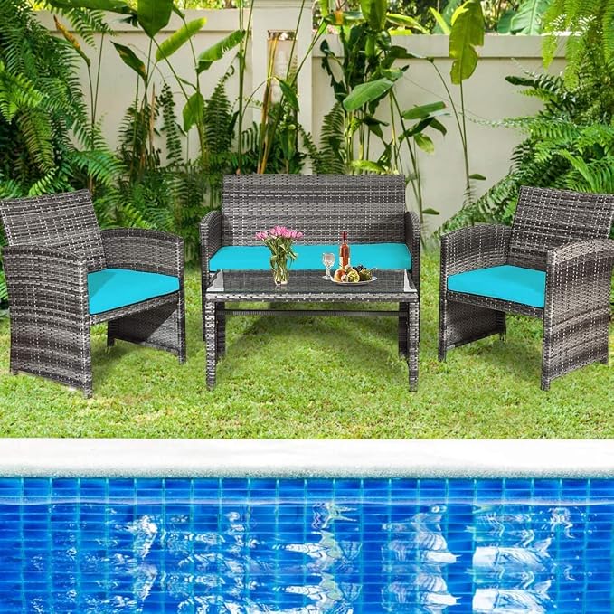 HAPPYGRILL 4 Pieces Patio Conversation Set with Soft Cushions Rattan Furniture Set with PE Wicker Coffee Table & Sofa Chairs for Garden Poolside Porch Backyard