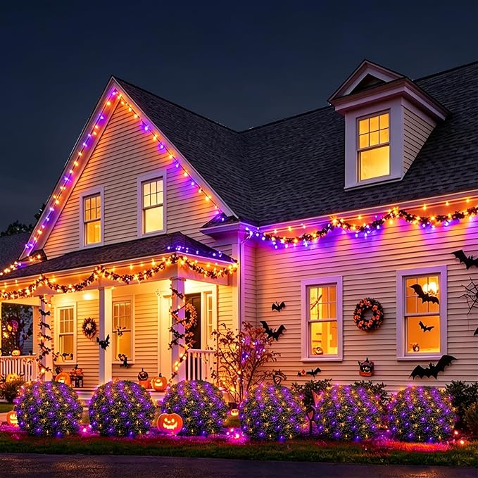 2 Pack 120LED Net Lights Outdoor, 5ft x 6ft Connectable Mesh Lights, 8 Modes 3.5V Low Voltage Waterproof Bush Lights for Trees, Bushes, Wedding, Party Decor (Orange/Purple, 2Pack)
