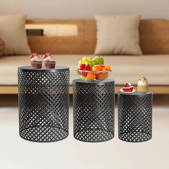 Set of 3 Nesting Side Table, 3Pcs Patio Side Table Iron Side Table Outdoor/Indoor Accent Table with 3 Sizes, Round Metal End Table for Gardens, Balconies, Bedrooms-Black