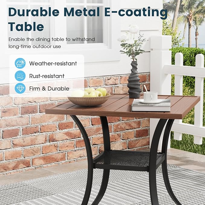 3 Pieces Patio Dining Set, 28" Square Dining Table with Storage Shelf, 2 Stackable Textilene Fabric Chairs, Metal Structure for Patio, Porch, Garden(Walnut Table, Brown Chair)