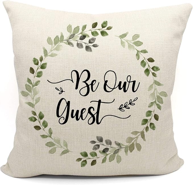 Be Our Guest Throw Pillow Case, for Guest Room Decorative Pillow Case, 18 x 18 Inch Decorative Cotton Linen Cushion Cover for Guest Bedroom Sofa Couch Bed, Housewarming Gifts Family Room Decor