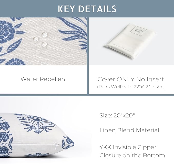 California Casual Coastal Indoor Outdoor Throw Pillow Cover, 20"x20" Water Repellent for Patio, Backyard, Couch, Poolside, Azure Blue Print Floral