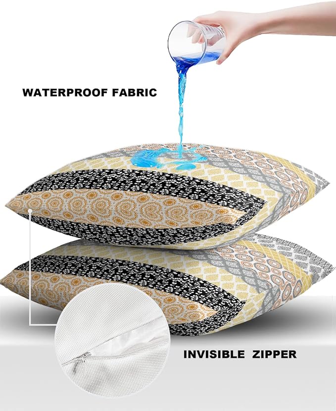 Outdoor Waterproof Throw Pillow Covers Set of 2 Yellow Boho Stripe Tribal Vingtage Lumbar Pillowcases 16x16 Inches Bohemian Style Decorative Pillows Cushion Case Patio Pillows for Couch Bed Garden