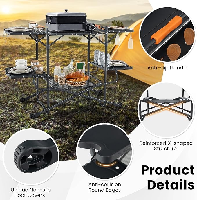 Goplus Camping Kitchen Table Station, Outdoor Portable Grill Table with Aluminum Tabletop, 4 Side Tables, Storage Rack, Folding Cooking Table for Outside Picnic BBQ RV Garden Patio Dining
