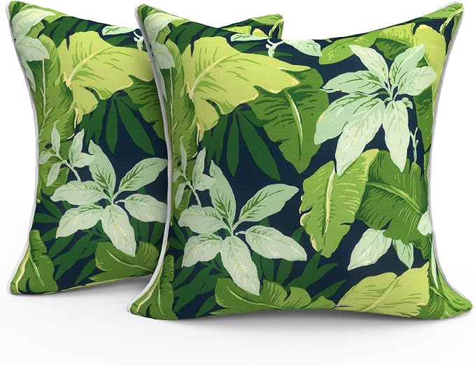 Outdoor Throw Pillows Inners, Fade Resistant Patio Furniture Square Pillows with Piping Set of 2 for Patio Furniture, 18x18 Inch, Jungle Leaves