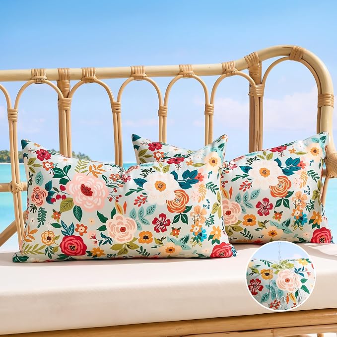Decorative Outdoor Lumbar Pillow Covers Floral Waterproof Throw Pillow Covers Green Accent Couch Covers Garden Farmhouse Cushion Cases 12x20 Inch Set of 2 for Summer Patio Tent Balcony Furniture Sofa