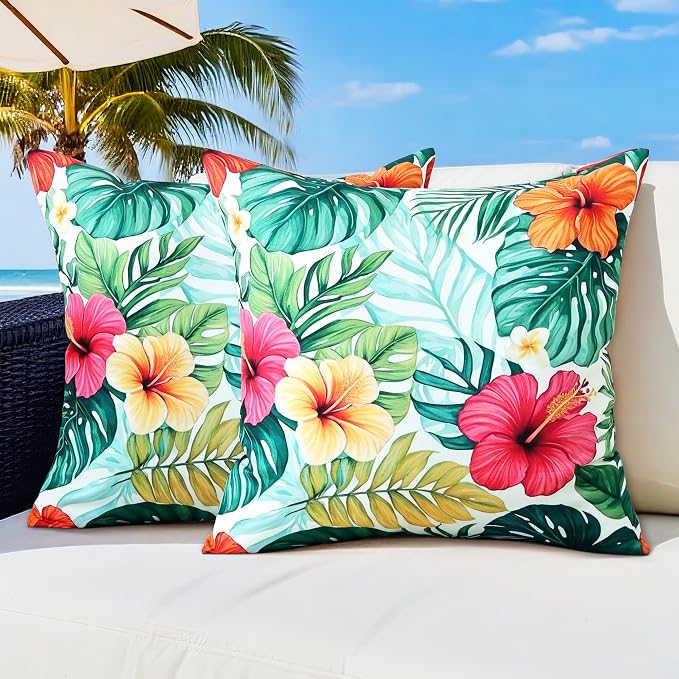 Outdoor Pillow Covers 20x20 Inch Set of 2, Tropical Floral Plants Modern Throw Pillows Cases Waterproof Square Garden Cushion Sham for Patio Funiture Tent Balcony Bench Sofa Couch, Pink Green
