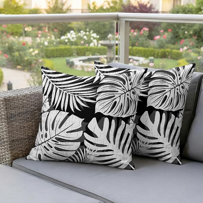Black Palm Leaves Outdoor Pillow Covers 26"x26" Set of 2, Tropical Botanical Minimalist Modern Waterproof Throw Pillow Covers for Patio Furniture, Decorative Cushion Covers for Porch