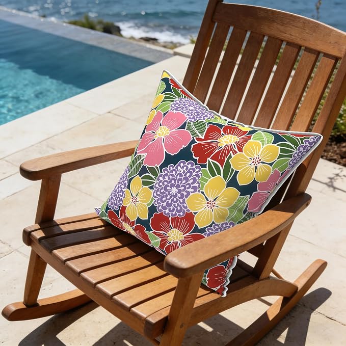 LVTXIII Outdoor Throw Pillows 18x18 Patio Waterproof Square Pillows with Piping Fade Resistant Accent Pillow for Spring Summer Garden Decoration, Set of 2, Flower Bloom