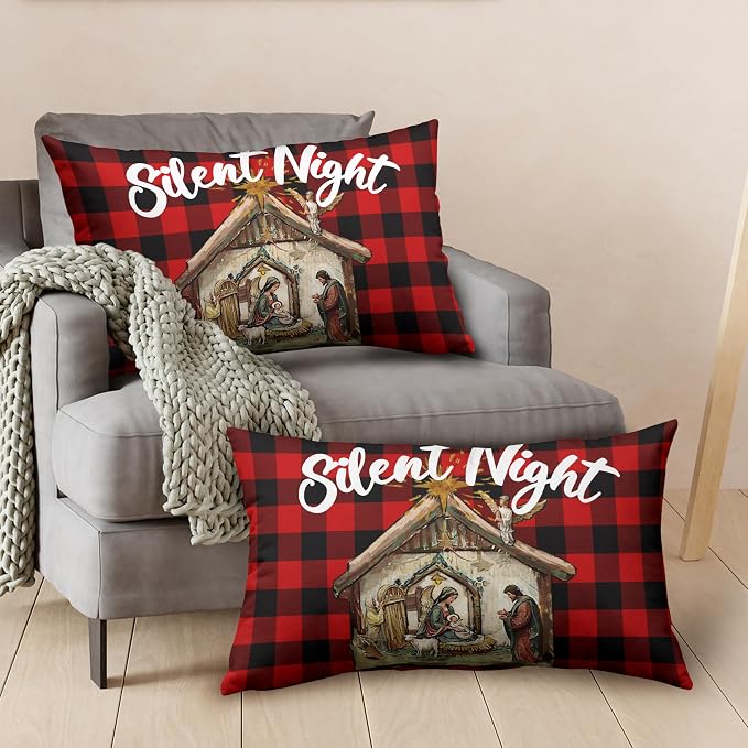 Jesus Nativity Lumbar Pillow Case 12x20 Set of 2 Red Buffalo Plaid Christmas Rectangle Pillow Covers Xmas O Holy Night Silent Night Waist Pillow Covers for Living Room Couch Bedroom