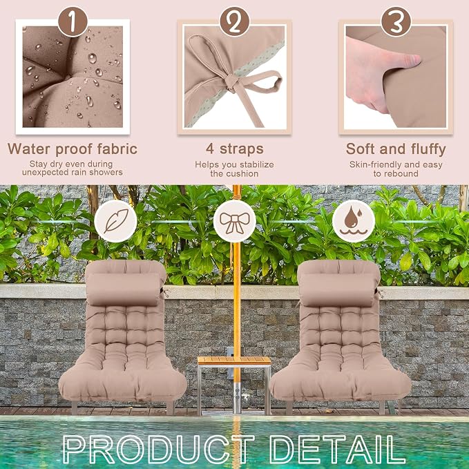 Tudomro Outdoor Chaise Lounge Cushion 66x21x4'' Waterproof & Fade-Resistant Patio Pool Chaise Lounge Cushion Headrest Pillow Tie Replacement Rocking High Back Chair(Taupe,1 Pcs)