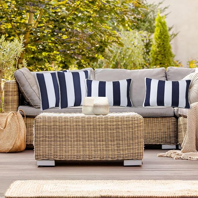 JMGBird 18x18 Blue with White Throw Pillows with Inserts Included | Pack of 2 Decorative Pillows with Inserts - 18x18 Water-Resistant Navy Blue with White Stripe Outdoor Throw Pillows