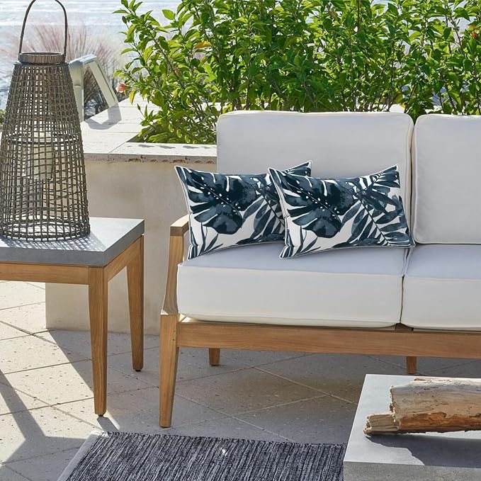 LVTXIII Set of 2 Outdoor Lumbar Pillows for Patio Furniture with White Piping, 12"x20" Fade Resistant Patio Lumbar Pillows with Inserts for Home Coach Sofa Use, Palm Blue