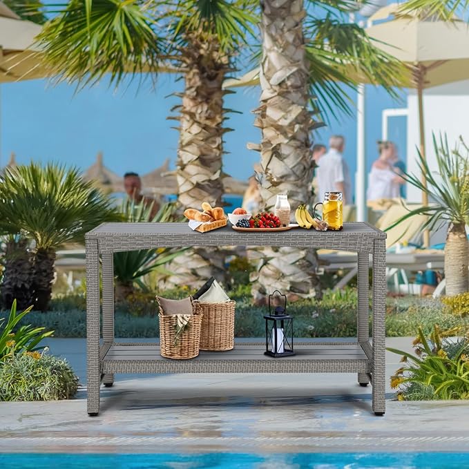 Outdoor Console Table Patio Buffet Bar Storage Organizer 45" Long Wicker Sofa Serving Sideboard Table 2-Shelf Outdoor Narrow Bar Table Tall Rectangle with Adjustable Feet for Entryway Grey