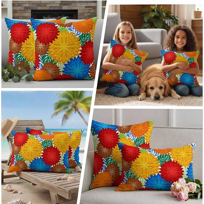 Red Yellow Blue Flowers Outdoor Pillow Covers Waterproof, All Weather Cushion Case Set of 2, Boho Colorful Floral Plant Decorative Pillowcases for Sofa Couch Bed Decor Patio Furniture 18"x18"