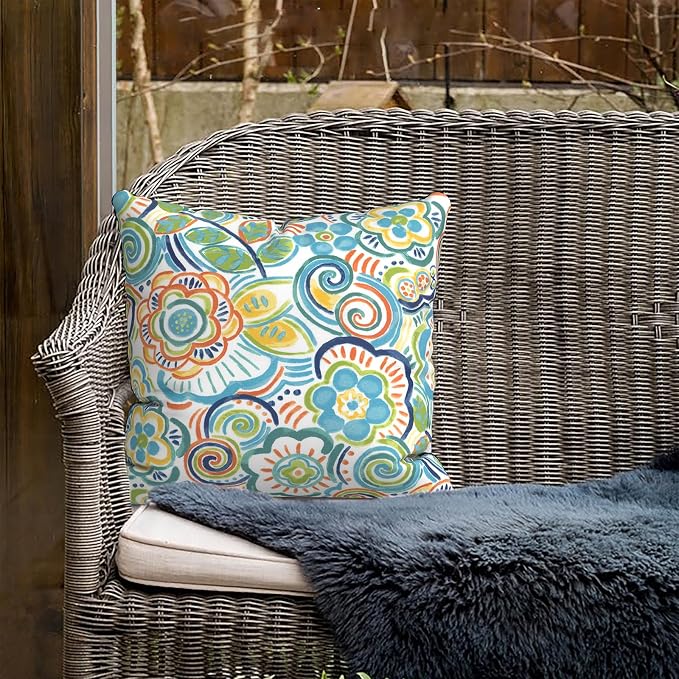 Outdoor Pillows for Patio Furniture 18x18 inch, Square Outdoor Throw Pillows with Inserts, Decorative Toss Pillows for Garden Couch Home Sofa Office Chair, Pack of 2, Flower Blue