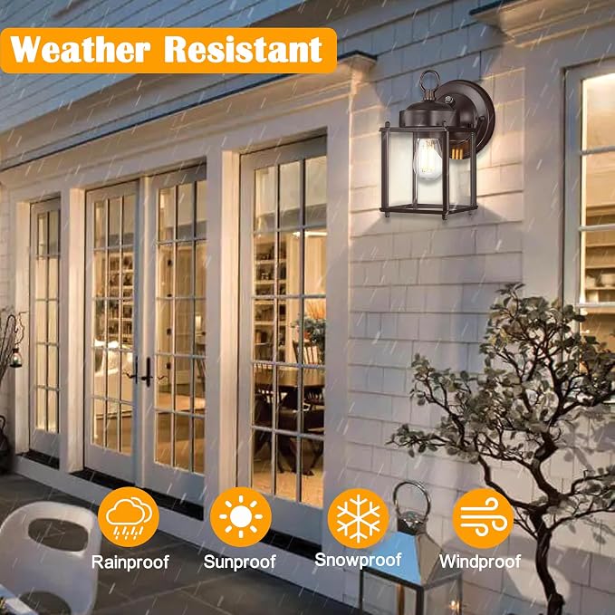 Outdoor Wall Light, Porch Lamp, Dusk to Dawn, Bronze | Exterior Wall Sconce Fixture for House, Garage, Patio, Rustproof Waterproof, Metal Housing with Glass, E26 Base, 2 Pack