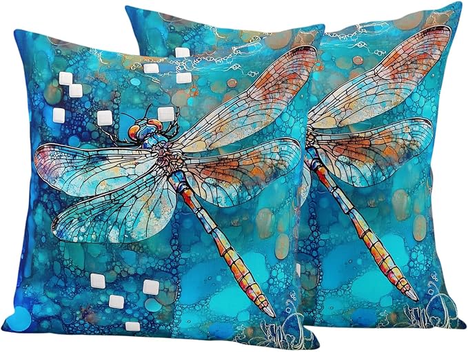 Blue Dragonfly Outdoor Pillow Covers Set of 2 Country Vintage Watercolor Dragonfly Wings Waterproof Throw Pillow Cover Decorative Cushion Cases for Patio Porch Garden 16X16 Inch