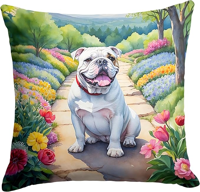 Caroline's Treasures English Bulldog Spring Path Throw Pillow Machine Washable, Indoor Outdoor Decorative Pillow for Couch, Bed or Patio, 18Hx18W