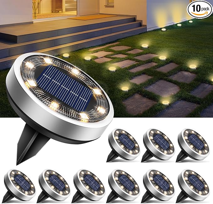 btfarm 10 Pack Solar Lights Outdoor, 8 LED Solar Ground Lights IP65 Waterproof Flat Solar Disc Light, Pathway Lights for Garden Lawn Patio Yard Path Landscape, Warm White