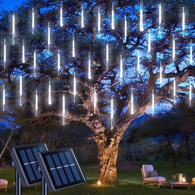 JMEXSUSS 2 Pack Solar Christmas Meteor Shower Lights, 16 Tube 288 LED | White Solar Christmas String Lights Outdoor Waterproof for Tree Patio Garden Wedding Party Decorations