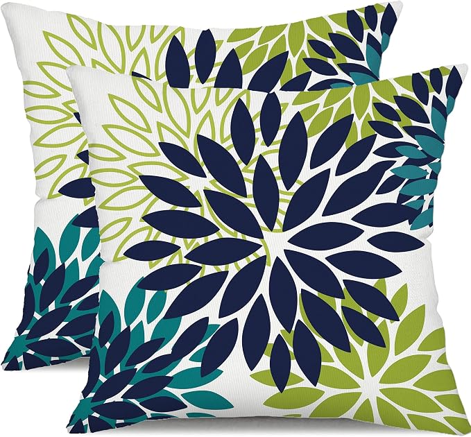 DFXSZ Outdoor Waterproof Pillow Covers 16x16 Set of 2 NavyBlue Green Flower | Spring Summer Waterproof Flower Throw Pillowcases（No Inserts）Outdoor Decor for Patio Funiture Garden Polyester Covers