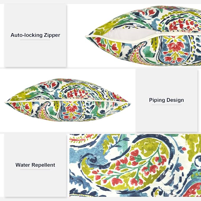 Outdoor Throw Pillows Inners, Fade Resistant Patio Furniture Square Pillows with Piping Set of 2 for Patio Furniture, 18x18 Inch, Paradise Paisley