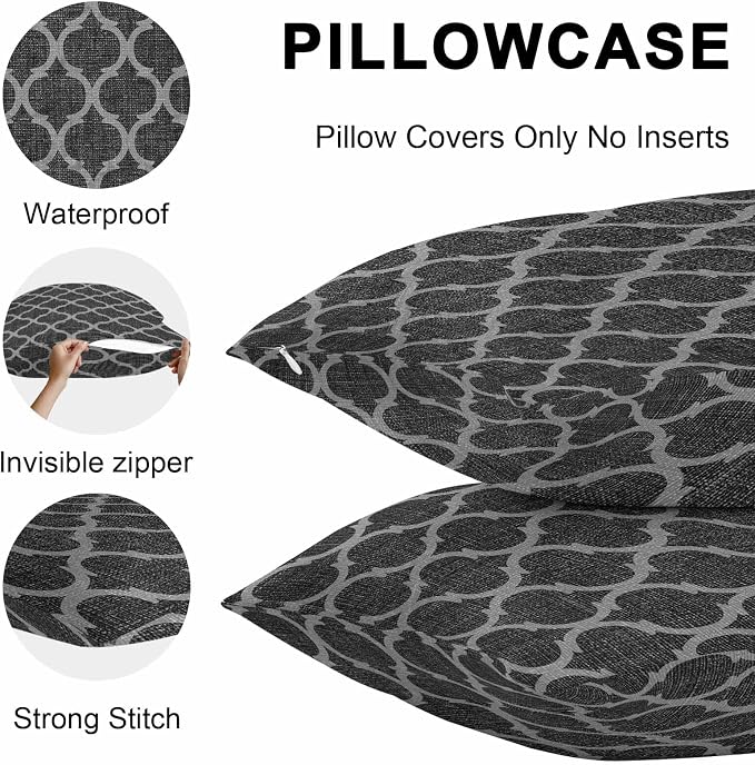 Black Morocco Outdoor Pillow Covers 20x12 Inch Lumbar Pillow Covers Set of 2 Waterproof Decorative Throw Pillow Cases Boho Vintage Quatrefoil Geometric Plaid Cushion Covers for Patio Furniture Garden