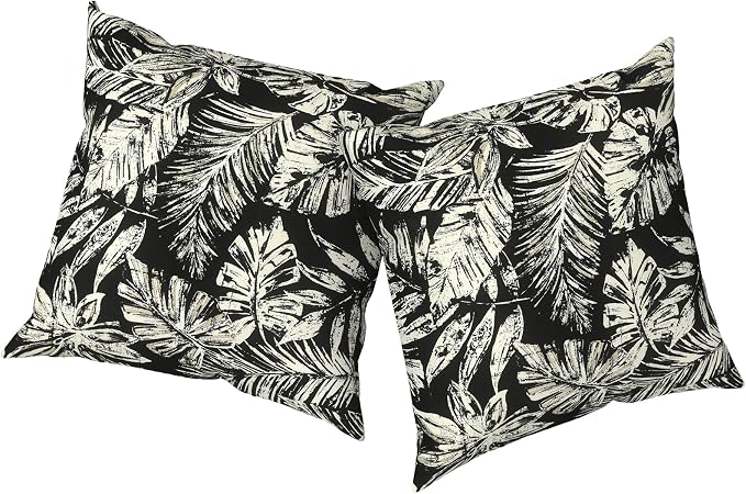 Outdoor Pillows with Insert 16x16 Inch, Waterproof Throw Pillow for Patio Furniture, Decorative Back Cushion for Garden Home Sofa Office Chair, Set of 2, Tropical Leaf Black