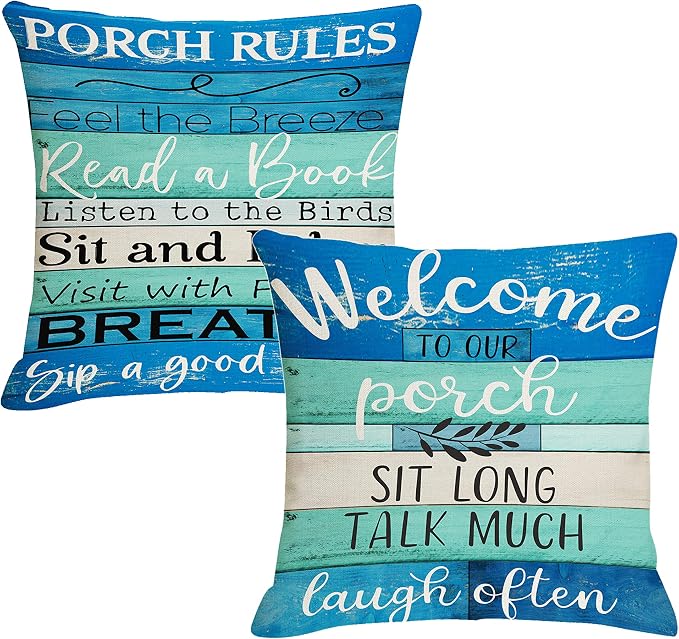 Waterproof Outdoor Pillow Covers 18x18 - Turquoise Blue Beige Woodgrain Coastal Farmhouse Welcome to Porch Decorative Cushion Covers for Patio Furniture, Set of 2