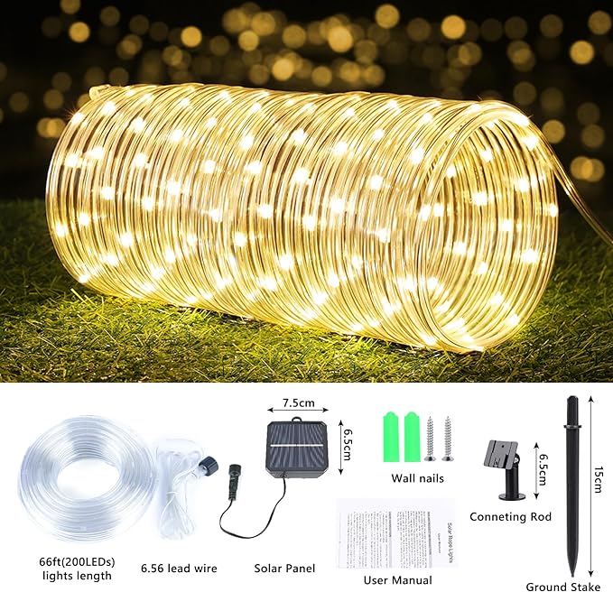 Jnaurb Solar Rope Lights, 66ft 200LED Solar String Lights, 8 Modes Waterproof Solar Outdoor Light, Flexible Clear Trampoline Light for Garden Backyard Patio Deck Porch Pool Tree Decor - Warm White