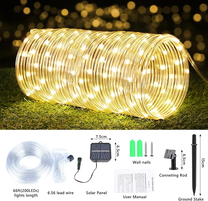 Solar Rope Lights, 2 Packs Total 132ft 400LED Solar String Lights, 8 Modes Waterproof Solar Outdoor Light, Flexible Clear Trampoline Light for Garden Backyard Patio Deck Pool Tree Decor - Warm White