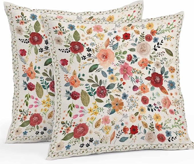 Vandarllin Outdoor Throw Pillows Covers 24x24 inch Set of 2 Waterproof Beige Floral Decorative Zippered Cushion Covers for Patio Furniture, Farmhouse Vintage Flower Lumbar Pillowcases