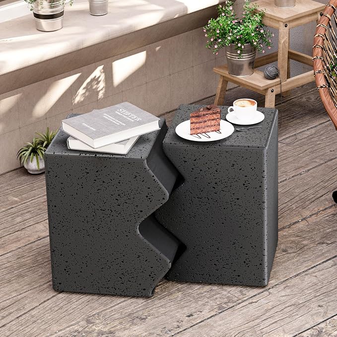 HOMPUS Outdoor Concrete Side Table w Spotted, Set of 2 Patio End Table Modern Vintage MgO, Lightweight Functional Combine Accent Table for Indoor Outdoor Use, Garden, Deck, Poolside, Dark Grey