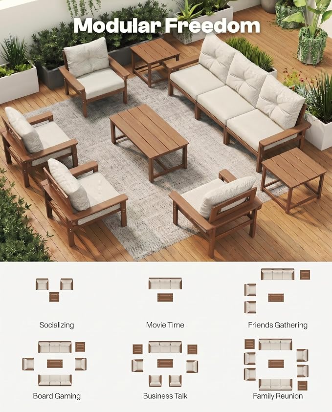 3-Piece Teak Outdoor Sofa Set, 3×3-Seat HDPE Sofas with Thick Beige Cushions, Large Patio Conversation Seating for Backyard, Deck, Garden